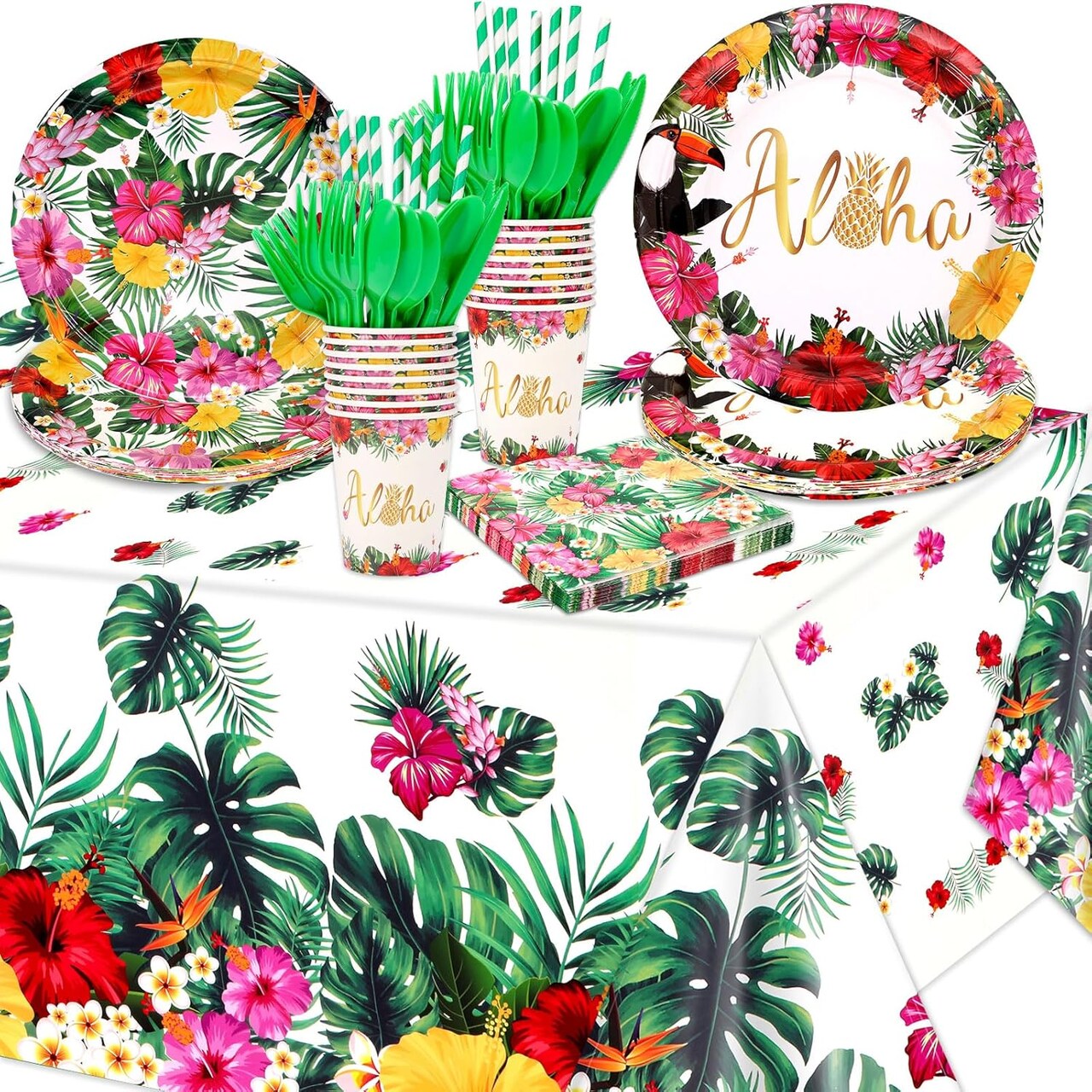 133 PCS Hawaiian Aloha Party Supplies Disposable Dinnerware Set Include Tropical Luau Napkins Plates Cups Tablecloth Knives Forks Spoons, Summer Birthday Party Favors
